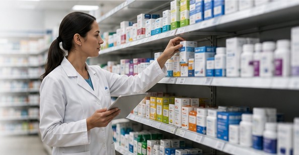 Profesional revisando productos farmacéuticos en anaquel